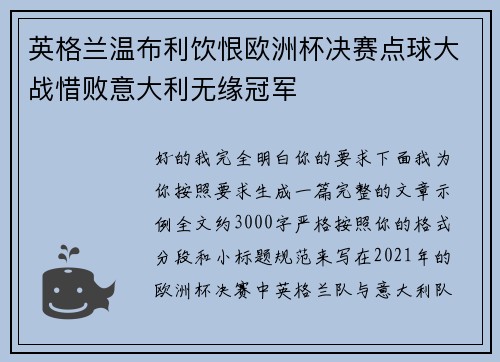 英格兰温布利饮恨欧洲杯决赛点球大战惜败意大利无缘冠军